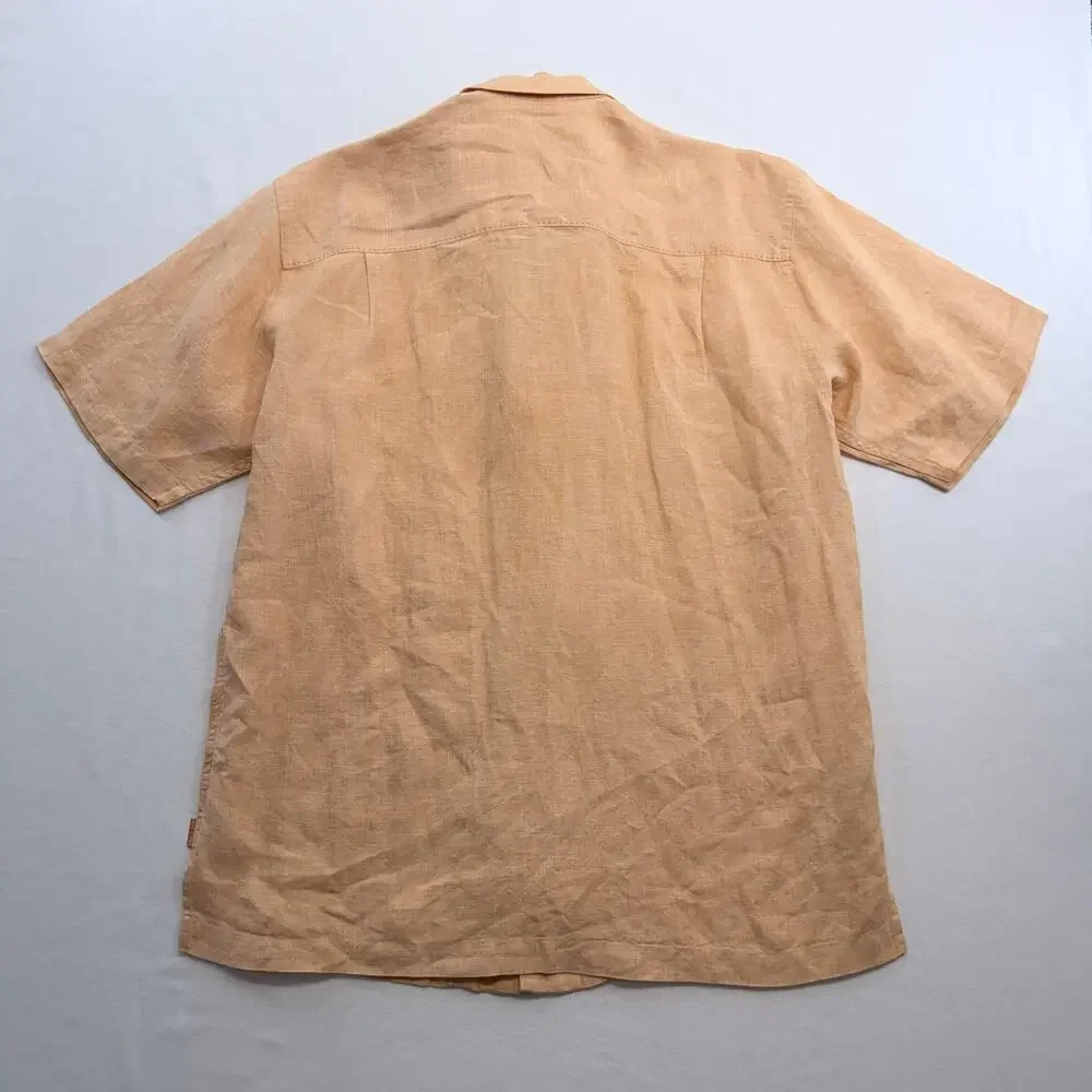 Tommy Bahama Mens Medium 100% Linen Camp Shirt Peach Embroidered Short Sleeve